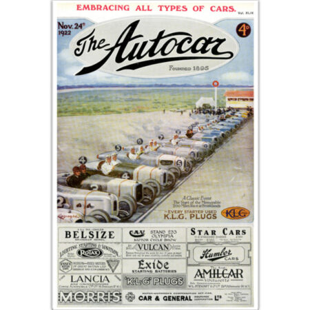 12" x 18" Poster Featuring 1922 Autocar Cover of Brooklands 200 Mile Race Starting Lineup & KLG Spark Plugs Advert