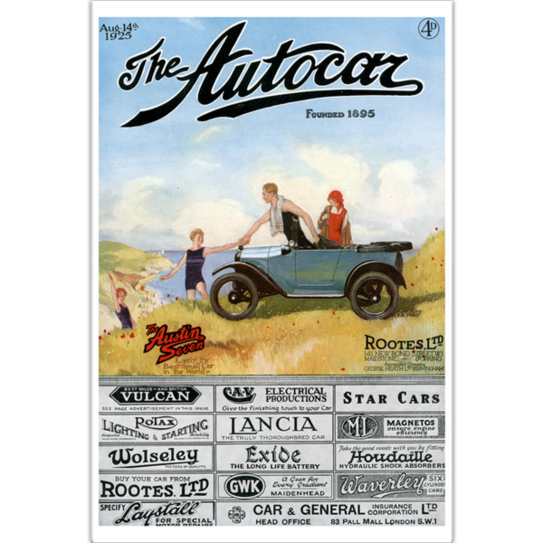 12" x 18" Poster Featuring 1925 Autocar Cover of Austin Seven Chummy Family at the Seaside & Rootes Ltd Advert
