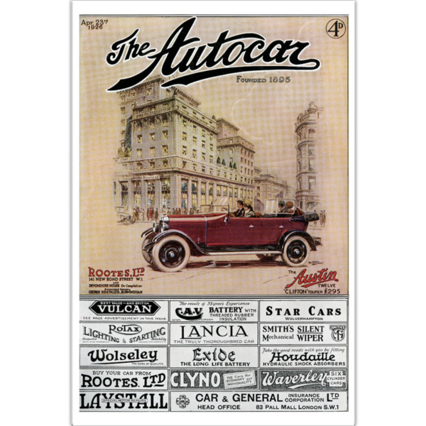 12" x 18" Poster Featuring 1926 Autocar Cover of Austin 12 Clifton Tourer & Rootes London Showroom