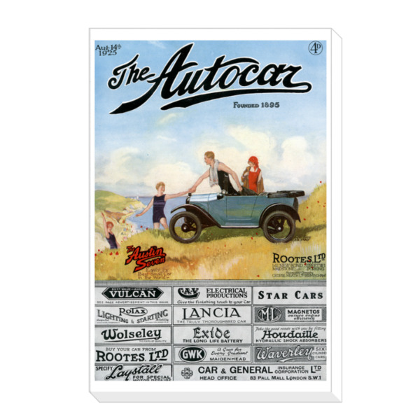 Canvas Print Featuring 1925 Autocar Cover of Austin Seven Chummy Family at the Seaside & Rootes Ltd Advert