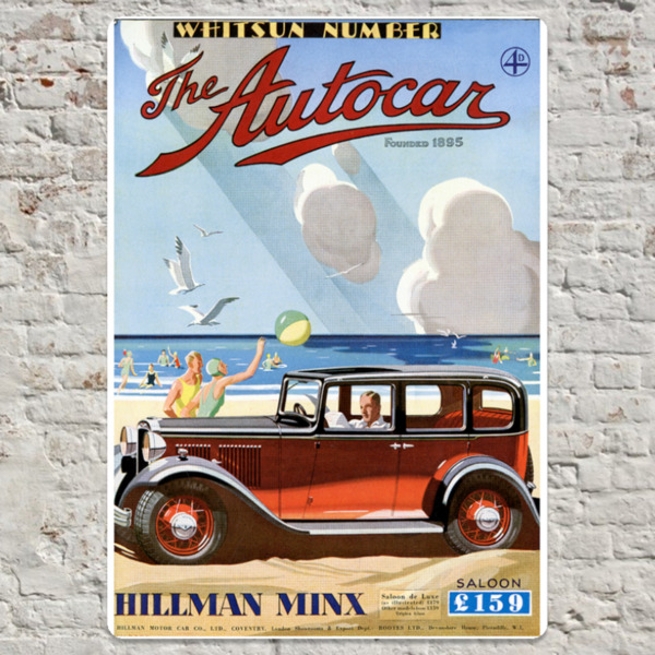 20cm x 30cm Metal Plate Print Featuring 1933 Autocar Cover of Hillman Minx Rootes