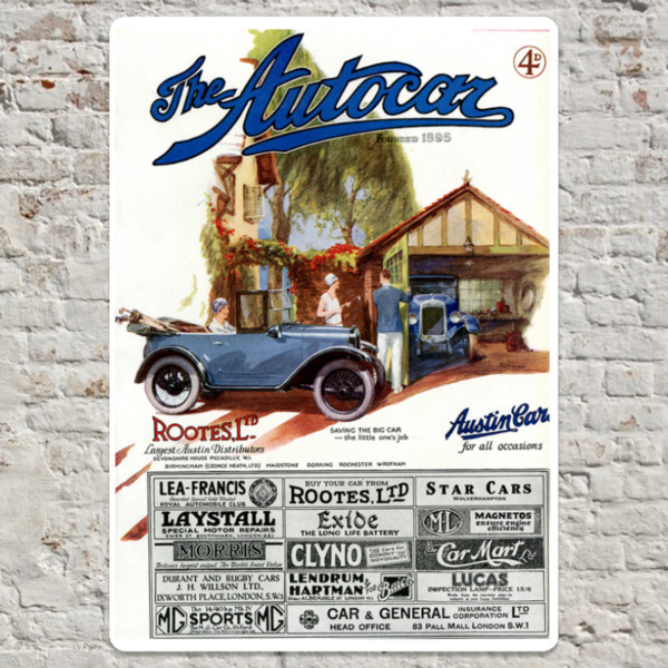 20cm x 30cm Metal Plate Print Featuring 1928 Autocar Cover of Austin 7