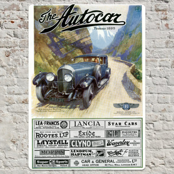 20cm x 30cm Metal Plate Print Featuring 1927 Autocar Cover of Bentley 6 Cylinder
