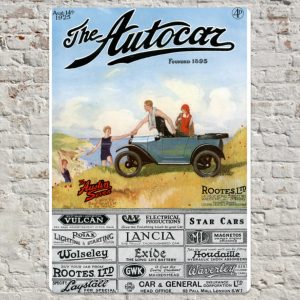 20cm x 30cm Metal Plate Print Featuring 1925 Autocar Cover of Austin Seven Chummy Family at the Seaside & Rootes Ltd Advert