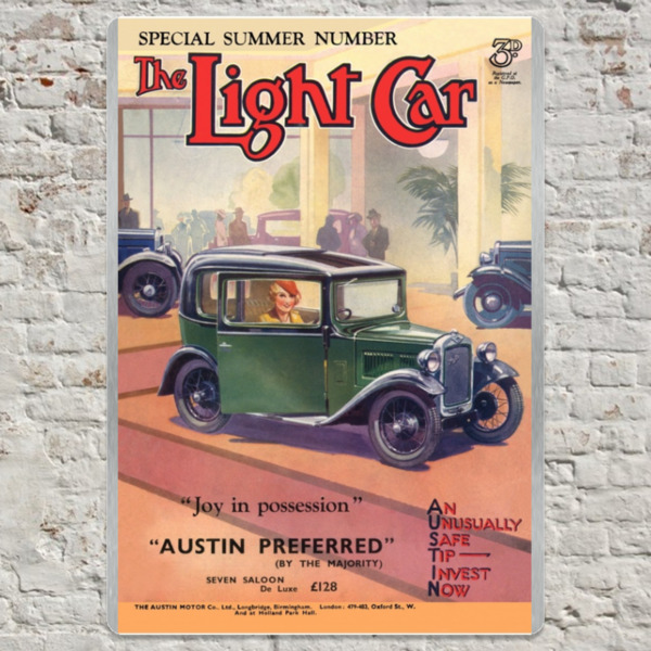 1931 Austin 7 Showroom Light Car Cover - Metal Plate Print 20cm x 30cm (Portrait)