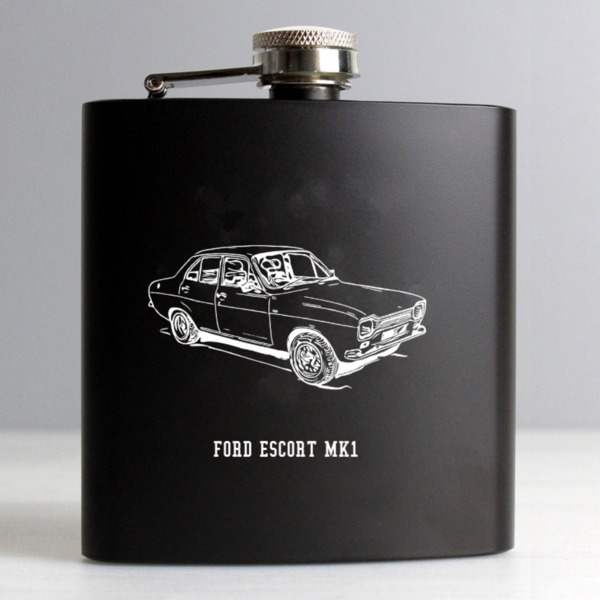 Black Engraved Ford Escort MK1 Hipflask