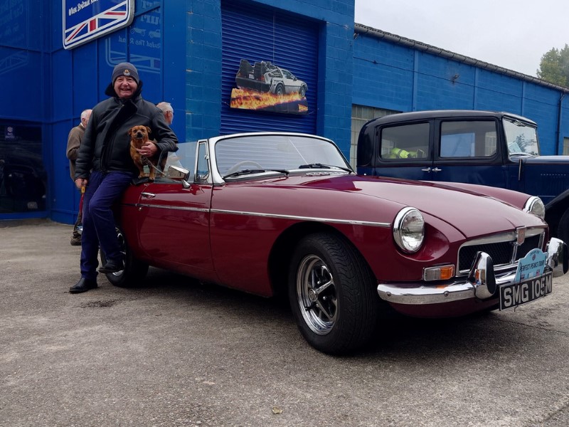 Richard with his co-pilot Buddy in their 1969 MGB Roadster